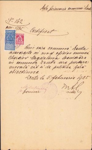 Certificat de moralitate, Denta, județul Timiș, 1925