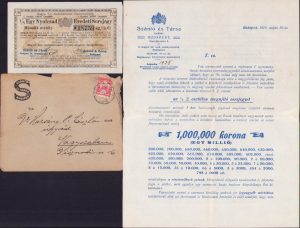 Bilet de loterie maghiar, EredetiSorsjegy, 1916 + reclamă loterie + plic cu antet Szántó és Társa Budapest