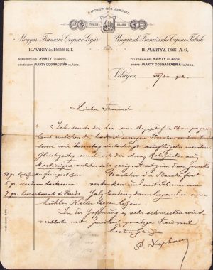 Document cu antetul Fabricii de coniac de la Șiria, județul Arad, 1912