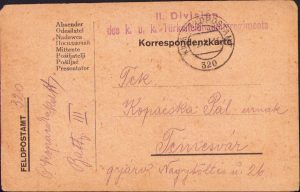 Carte poștală cu ștampila II Division des k.u.k. Türkeifeldhaubitzregiments trimisă la Timișoara, 1915