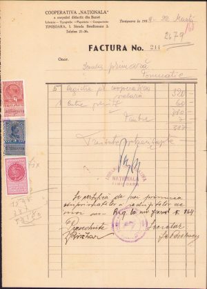 Factura Librăria Cooperativa Națională Timișoara, 1939
