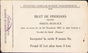 Bilet de persoană pentru serata muzicală, 1921, Reuniunea Femeilor Române Maramureșene, tipar Sighetul Marmației