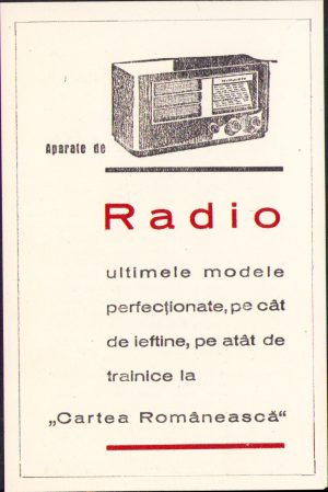 Reclamă interbelică la radiouri comercializate prin editura "Cartea Românească"