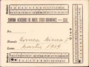 Cartelă de masă pentru student, 1939, cantina Academiei de Înalte Studii Agronomice, Cluj