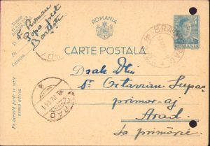 Carte poștală adresată ajutorului de primar al Aradului Octavian Lupaș, 1941, Bonțești