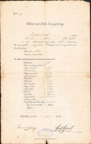 Certificat școală primară poporală Cluj 1904 Elemi népiskolai bizonyitvány Kolozsvár