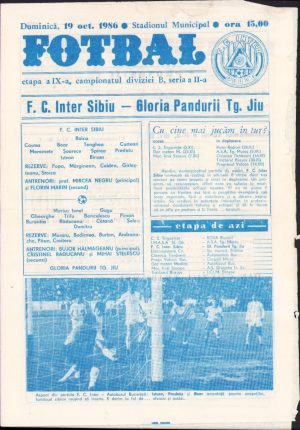 Program meci fotbal FC Inter Sibiu Gloria Pandurii Târgu Jiu 19 octombrie 1986