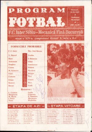Program meci fotbal FC Inter Sibiu Mecanică Fină București 25 noiembrie 1987