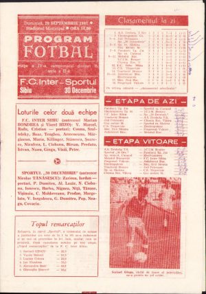 Program meci fotbal FC Inter Sibiu Sportul 30 Decembrie 20 septembrie 1987