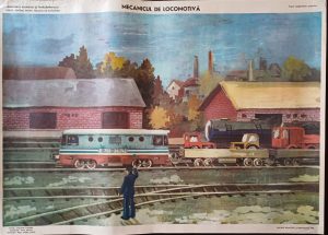 Mecanicul de locomotivă afiș pentru învățământul preșcolar perioada comunistă