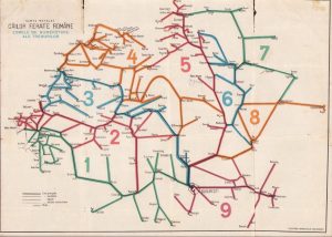 Harta rețelei căilor ferate române, zonele de numerotare ale trenurilor, tiparul la Cultura Națională, București, perioada interbelică