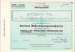 Kleinen Abstammungsnachweis Certificat de arian 1941 pentru membru al partidului nazist din Austria