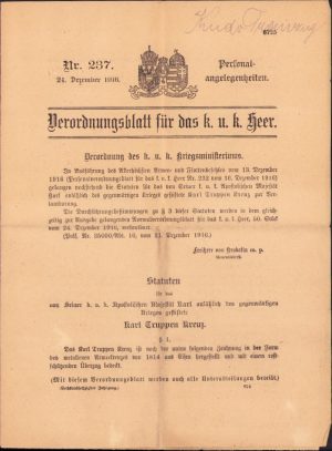Decret de instituire a medaliei austro-ungare Karl Truppen Kreuz, 1916