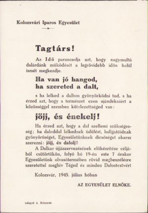 Kolozsvári Iparos Egyesület, invitație la înscrierea în corul Societății Meseriașilor din Cluj, 1945