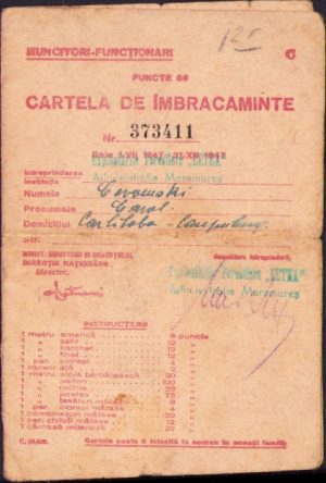 Cartelă de îmbrăcăminte pentru muncitori și funcționari, 1947, România