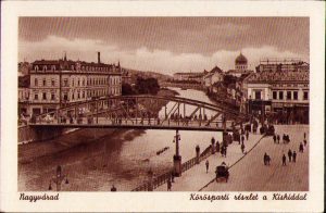 Oradea Vedere de pe malul Crișului spre Podul Mic Nagyvárad Körösparti részlet a Kishiddal carte poștală