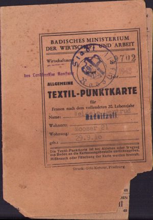 Allgemeine Textil-Punkkarte für Frauen nach dem vollendeten 20 Lebensjahr 1948 Radolfzell Germany Besatzungszone
