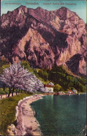 Salzkammergut, Gmunden, Gasthof Hois’n und Traunstein postcard circulated Hermannstadt Siebenburgen
