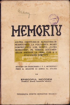 Memoriu asupra drepturilor monastirilor Neamțu-Secu, la folosirea moșiei dimprejurul lor, numită Vatra Monastirii, pe temeiul documentelor anexate la urmă, cum si a stăpânirii de fapt întocmit din însărcinarea IPS Metropolit Pimen al Moldovei de Episcopul Nicodem, starețul sfintei monastiri Neamțu, cu semnătura și ex-libris al preotului mărturisitor Gheorghe Noveanu, Tipografia sfintei monastiri Neamțu, fără an