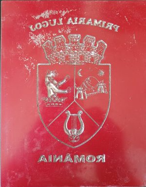 Matriță cu stema orașului Lugoj și inscripția Primăria Lugoj România