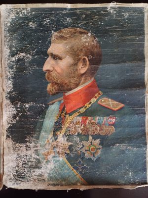 Regele Ferdinand, cromolitografie pe pânză, artist Costin Petrescu, realizată de Revista Artelor Grafice, perioada interbelică