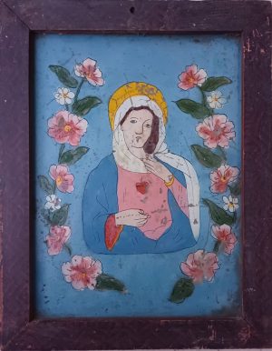 Icoană de Mărgău, Fecioara Maria, pictată pe sticlă, cu ramă din lemn