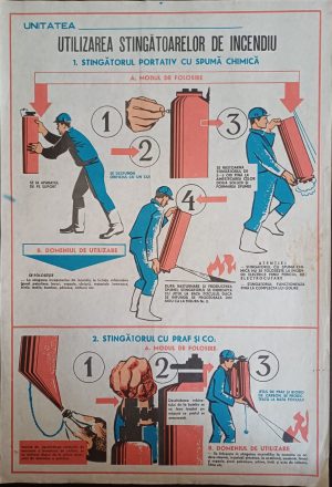 Afiș protecția muncii Utilizarea stingătoarelor de incendii - stingătorul cu spumă chimică și stingătorul cu praf și CO2, România comunistă