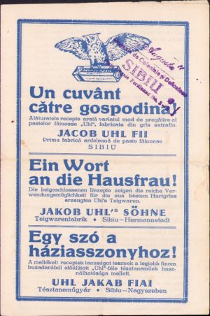 Pliant reclamă Jacob Uhl Fii Prima fabrică ardeleană de paste făinoase, Sibiu, cu ștampilă Augusta, Magasin de Coloniale și Delicatese, perioada interbelică