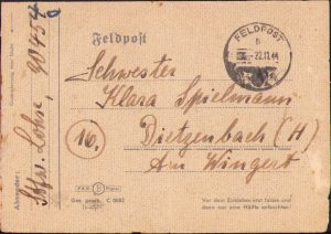 Scrisoare, Feldpost 30454, 20 Panzergrenadier-Division, 2 Sanitätskompanie, Stabsfeldwebel Jürgen Lohse către o soră medicală, noiembrie 1944