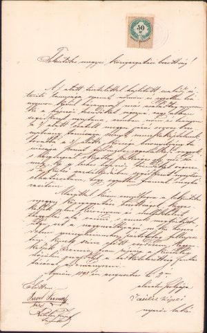 Petiție adresată fișpanului (prefectului) comitatului Torontal, Zombori Rónay Jenő (semnată olograf de el) pentru permiterea căsătoriei unui tânăr român de vârstă militară, Nerău, 1893