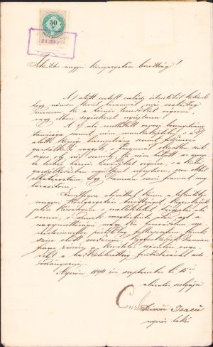 Petiție adresată fișpanului (prefectului) comitatului Torontal, Zombori Rónay Jenő (semnată olograf de el) pentru permiterea căsătoriei unui tânăr român de vârstă militară, Nerău, 1894