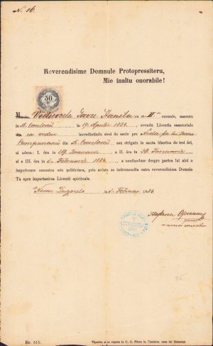 Licență de căsătorie, 1884, Nerău, județul Timiș