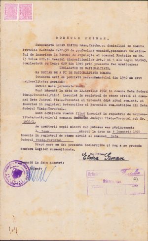 Declarație de naționalitate, Fratelia, Timiș, 1948