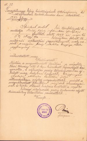Semnătura olografă a fișpanului (prefectului) comitatului Torontal, Zombori Rónay Jenő, 1897