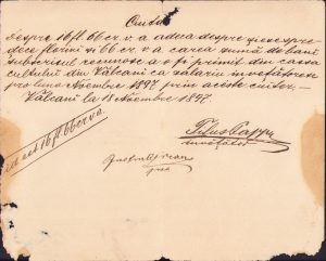 Chitanță olografă, 1897, pentru salariul învățătorului român Titus Papp (Pop), plătit din cutia bisericii, Vălcani, județul Timiș