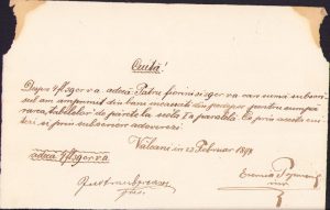 Chitanță olografă, 1897, pentru bani încasați din pedepse cu care s-au cumpărat table de perete pentru școală, emisă de învățătorul român Eremie Popoviciu, Vălcani, județul Timiș