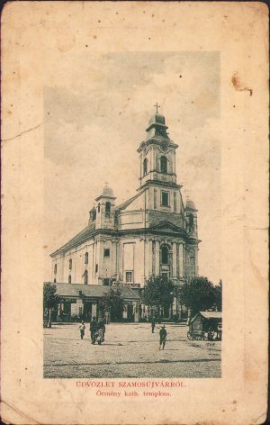 Üdvözlet Szamosújvárrol Örmény katolikus templom, Salutări din Gherla Biserica catolică armenească - carte poștală circulată Ilva Mare-Gherla