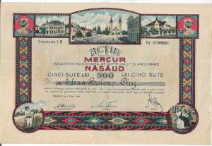 Acția Institutului Mercur, societate acționară de împrumut și păstrare, Năsăud, 1921, de 500 lei