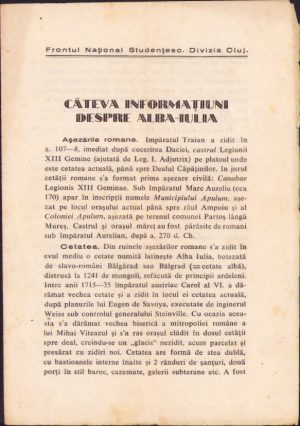Câteva informațiuni despre Alba Iulia, Frontul Național Studențesc, Divizia Cluj, 1940