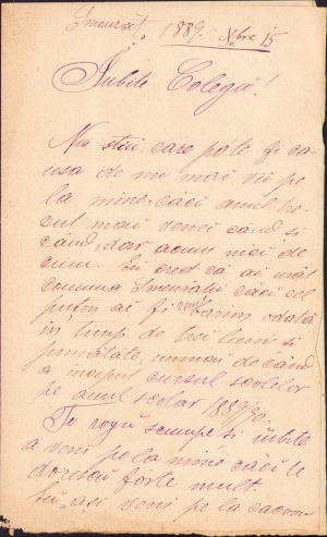 Scrisoare personală, 1889, învățătorul M Elliescu din Zmeurăț către învățătorul Antonescu din Cacova, județul Vâlcea