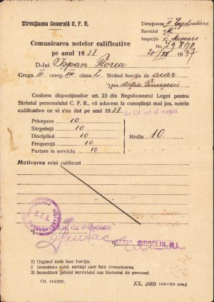 Note calificative pentru acar CFR, stația Timișeni, 1935