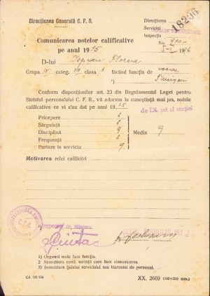 Note calificative pentru acar CFR, stația Timișeni, 1935