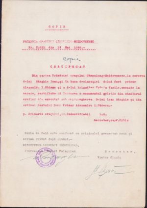 Copie autentificată, 1948, certificat cum că monumentul sovietic din cimitirul orașului Câmpulung Moldovenesc a fost realizat de Ioan Sârghie, semnează directorul liceului, Modest Palaghian