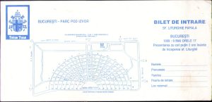 Bilet de intrare la Sfânta Liturghie Papală, 1999, București, cu ocazia primei vizite a unui Papă într-o țară majoritar ortodoxă