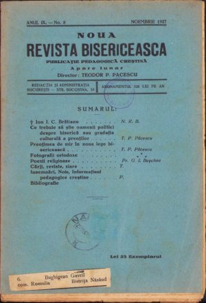 Noua Revistă Bisericească, 8/1927, Tipografia cărților bisericești, București