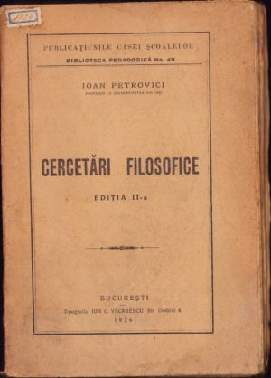 Cercetări filosofice de Ioan Petrovici, 1926, cu semnătura olografă a lui Atanasie Popa