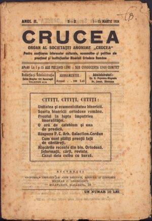 Crucea, organ al Societăței Anonime Crucea pentru susținerea intereselor culturale, economice și politice ale preoțimei și instituțiunilor Bisericii Ortodoxe Române, 1-2/1924