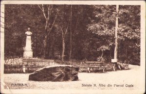 Piatra Neamț Statuia N Albu din Parcul Cozla, carte poștală, circulată Piatra Neamț – Cluj