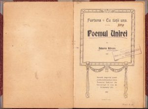 Furtuna, Cu toții una, Poemul Unirei de Zaharia Bârsan, 1919, cu ex-libris profesor Coriolan Suciu, Cluj