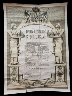 Diplomă de distincțiune conferind medalia de argint unui ucenic tâmplar la Expoziția Lucrărilor Ucenicilor, 1927, Cluj